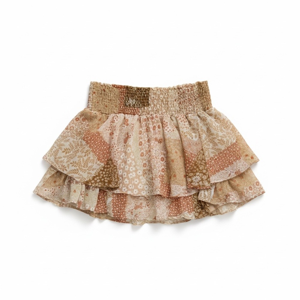 Patchwork Floral Ruffle Mini Skirt Boho Cottagecore Prairie Coquette L